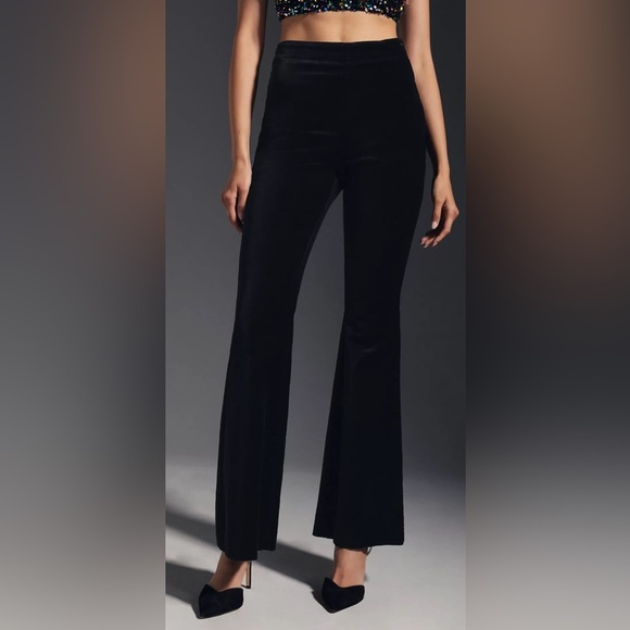 Anthropologie Black Velvet Flared Flare Pants Bell Bottoms 10 High‎ Rise Stretch - Picture 1 of 10